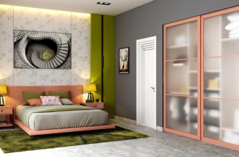Modern bedroom with a neutral palette, upholstered bed, pendant lights and integrated storage.