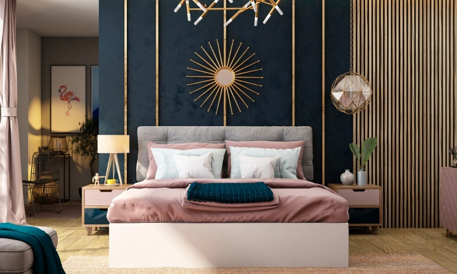 Bedroom with a vertical wood-panel feature wall behind the bed and warm bedside lighting