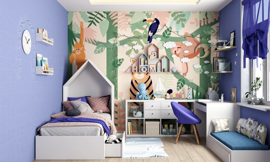 Colourful kids’ bedroom with a study area, shelving and organised storage around the bed