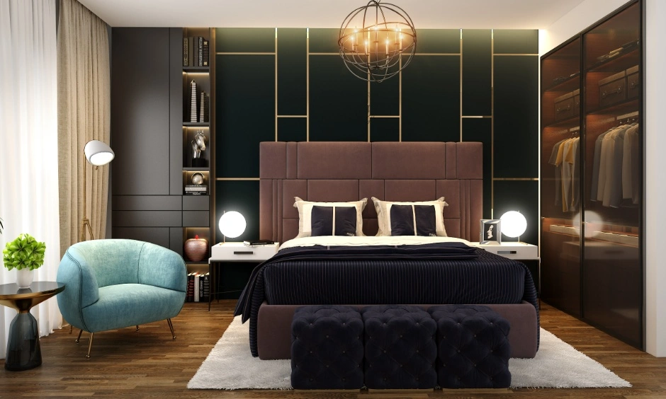 Modern bedroom with a padded headboard, bedside tables and built-in wardrobes.