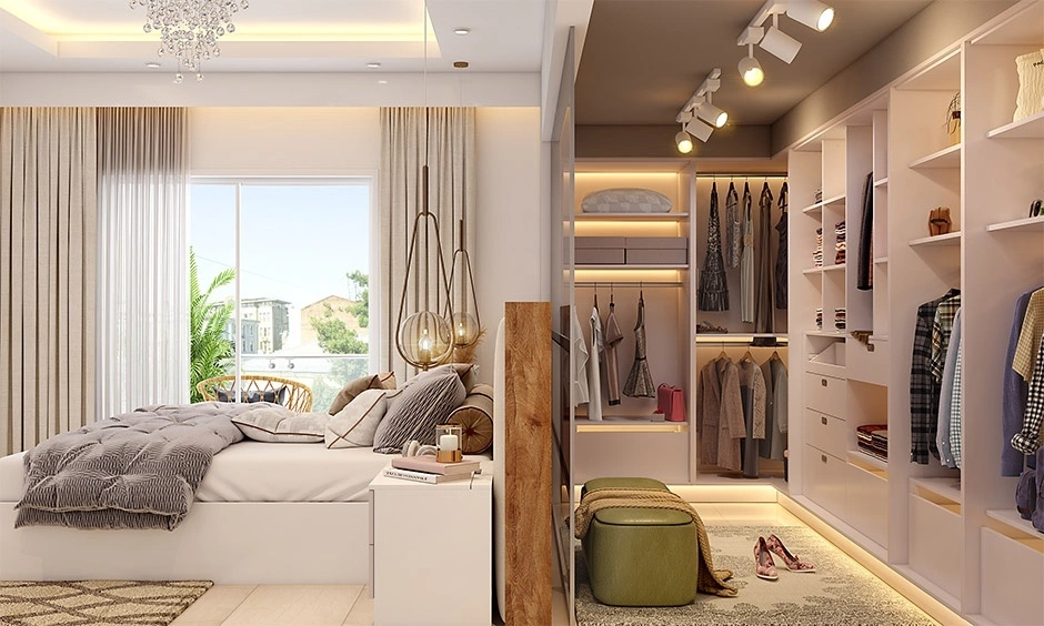 Bright bedroom with built-in storage, a study area and a large window. 