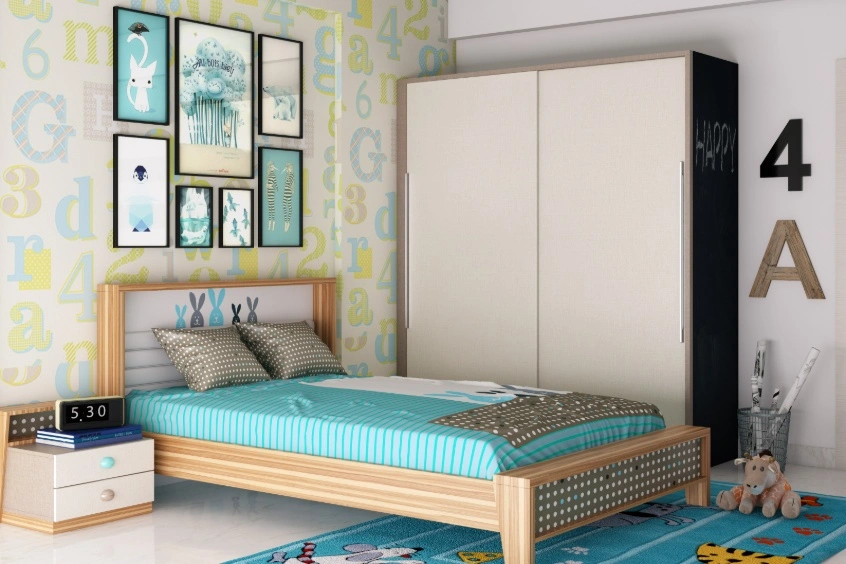 Compact bedroom with a single bed, wall-mounted storage and a small study area. 