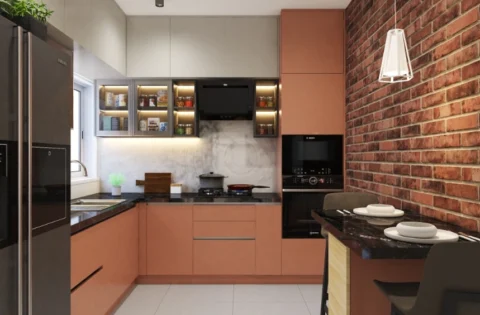 A contemporary kitchen combines a brick backsplash, integrated appliances and a functional island.