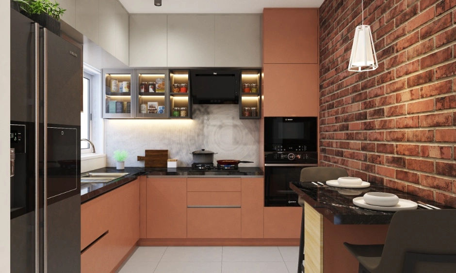 A contemporary kitchen combines a brick backsplash, integrated appliances and a functional island.