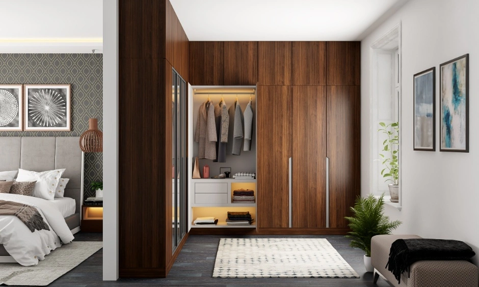 Veneer cabinetry and a muted headboard add material warmth without visually crowding the room.