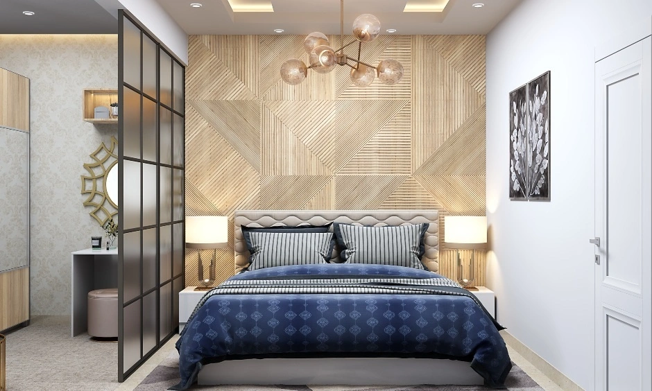 Textured wall panels introduce depth while complementing the bedroom's simple furniture arrangement.