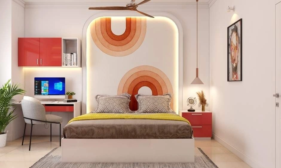 Natural finishes, soft lighting and functional furniture create a cohesive modern bedroom.