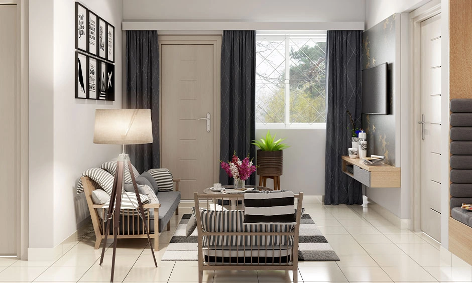 A carefully designed living room blends minimalist style with comfortable furnishings.