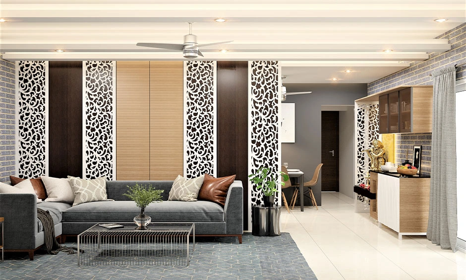 A contemporary living room uses decorative partitions and sleek interiors for a refined look.