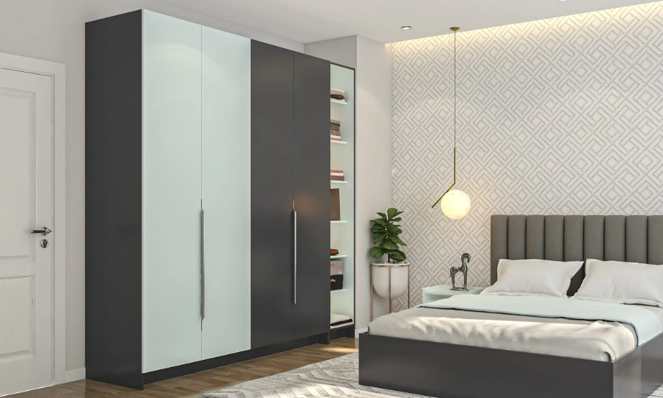 A bedroom features a fitted wardrobe, overhead storage and a bedside unit