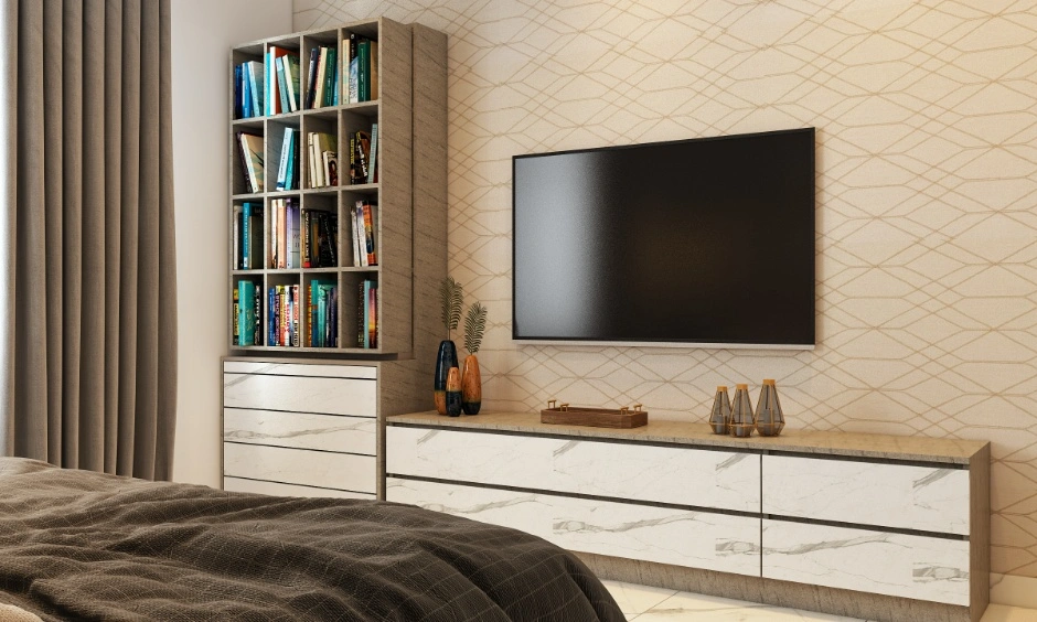A TV unit with storage shows the finishes, dimensions and installation details to check in a quotation