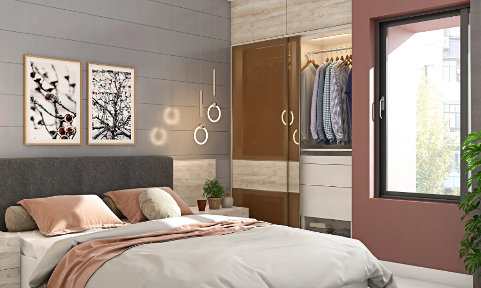 A bedroom combines fitted storage, a wardrobe and open shelving within one interior design.