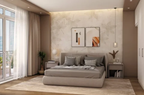 A finished bedroom features a bed, bedside tables, wardrobe and layered interior finishes.