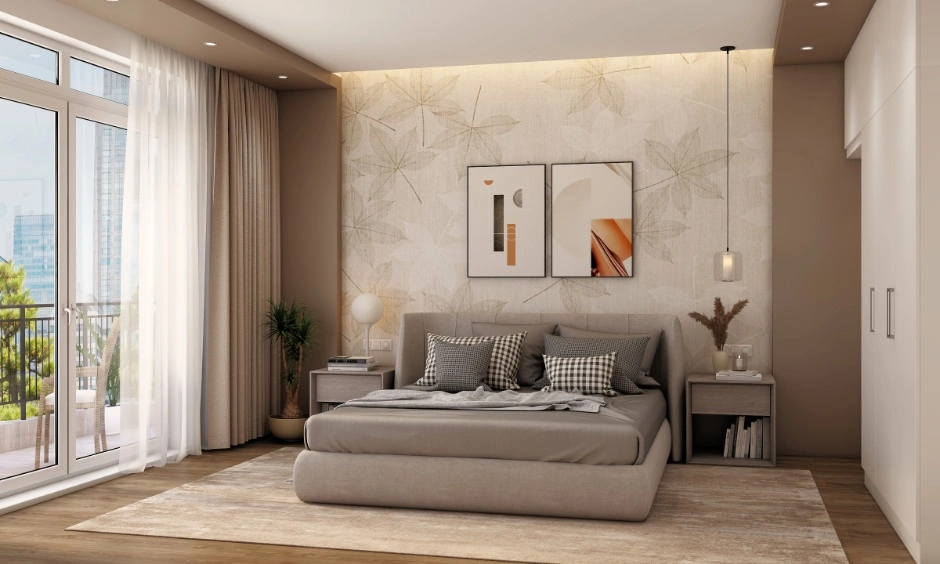A finished bedroom features a bed, bedside tables, wardrobe and layered interior finishes.