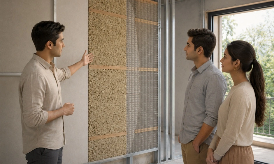 Two designers review material samples and discuss interior requirements with homeowners.