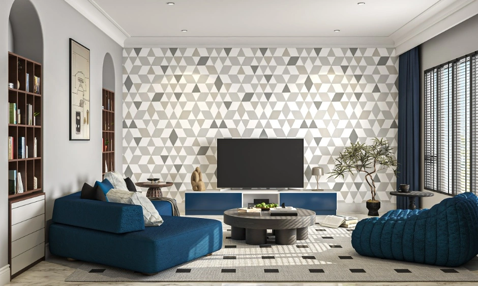 A contemporary living room features modular storage, a TV unit, seating and patterned wall panels.