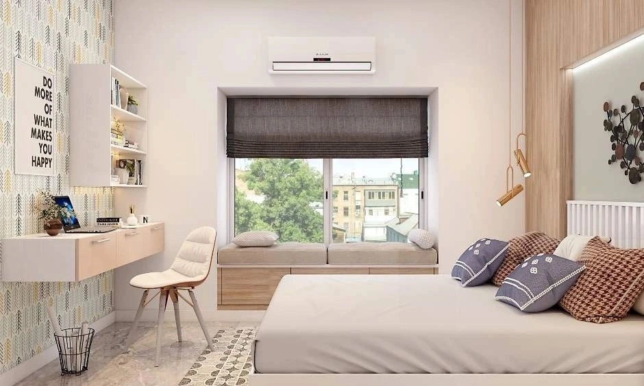 Beige walls, bedding and furnishings create a soft, earthy bedroom colour palette.