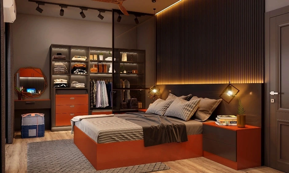 Recessed ceiling lights and concealed LEDs provide layered illumination across the bedroom.