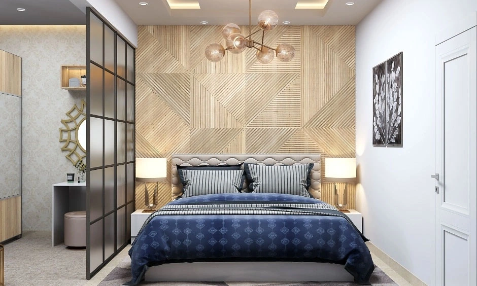 A glass partition and timber headboard frame the bed in this sophisticated luxury bedroom
