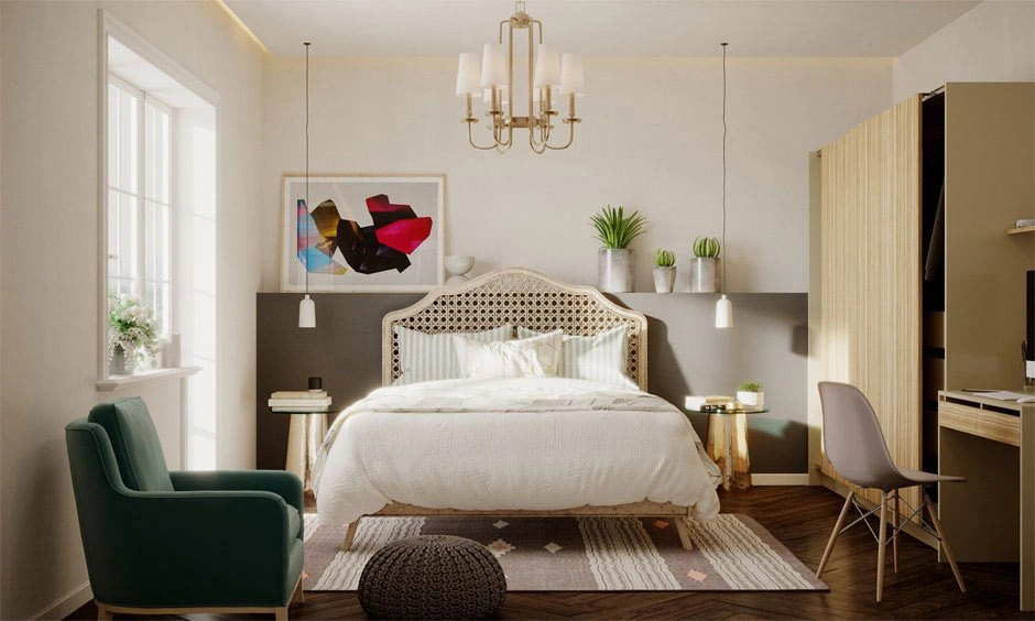 A curved rattan headboard and round bedside table soften the bedroom's angular forms.