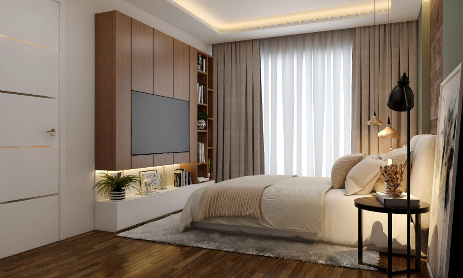 Floor-to-ceiling curtains visually increase the height of this bedroom and frame the windows
