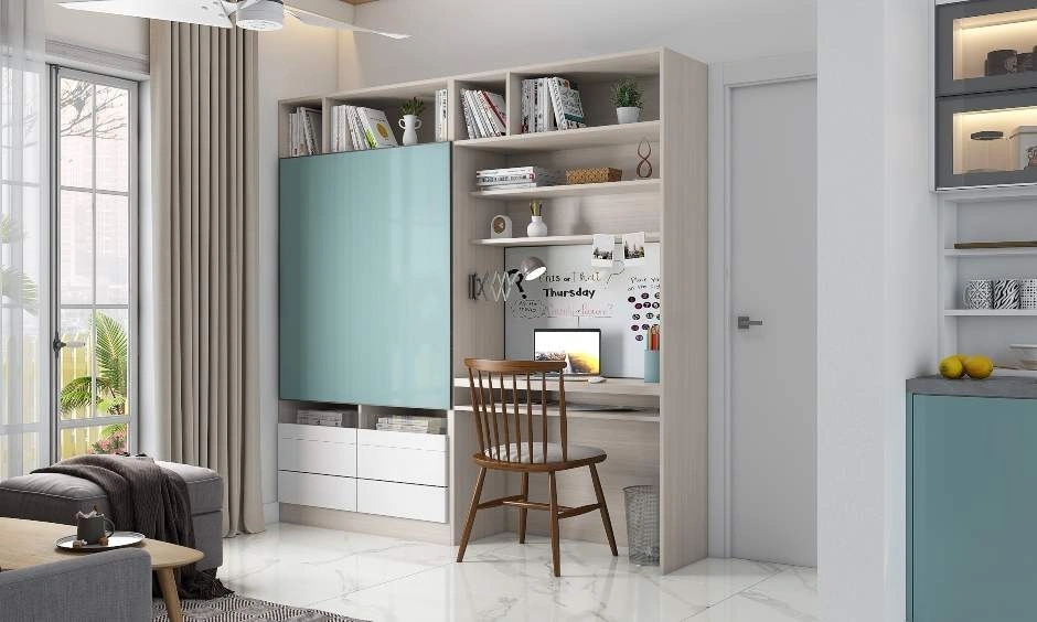 Floating shelves move storage off the work surface in a compact study area.