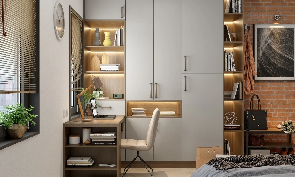 A simple wooden study table with open side shelves provides efficient storage.