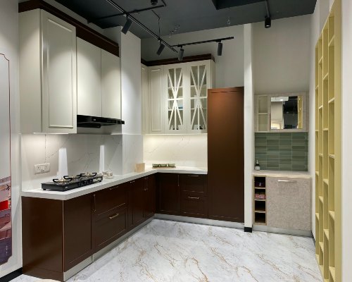 L-shaped modular kitchen design at DesignCafe interior studio in Kanakapura