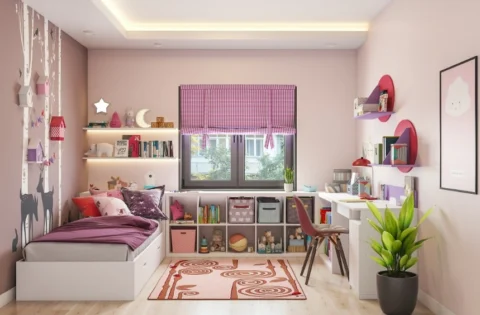 A sleek kids' bedroom uses pink and purple accents with a bed, desk and built-in storage.