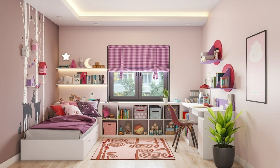 A sleek kids' bedroom uses pink and purple accents with a bed, desk and built-in storage.