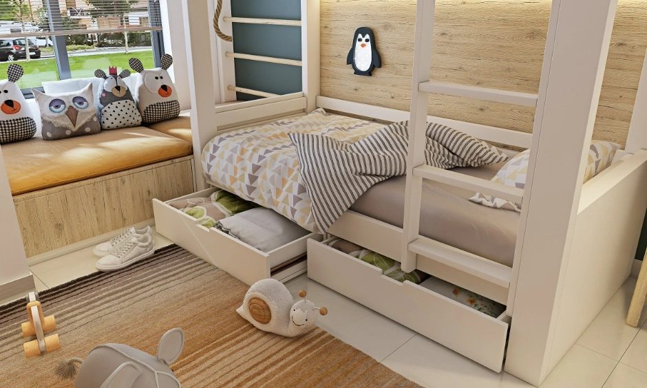 A kids' bedroom combines a bed, wardrobe, study desk and overhead cabinets for organised storage.