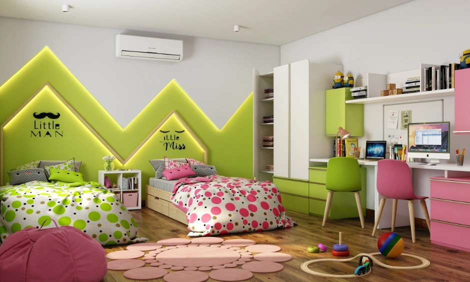 A colourful kids' bedroom uses green, pink and yellow accents with playful furniture and storage.