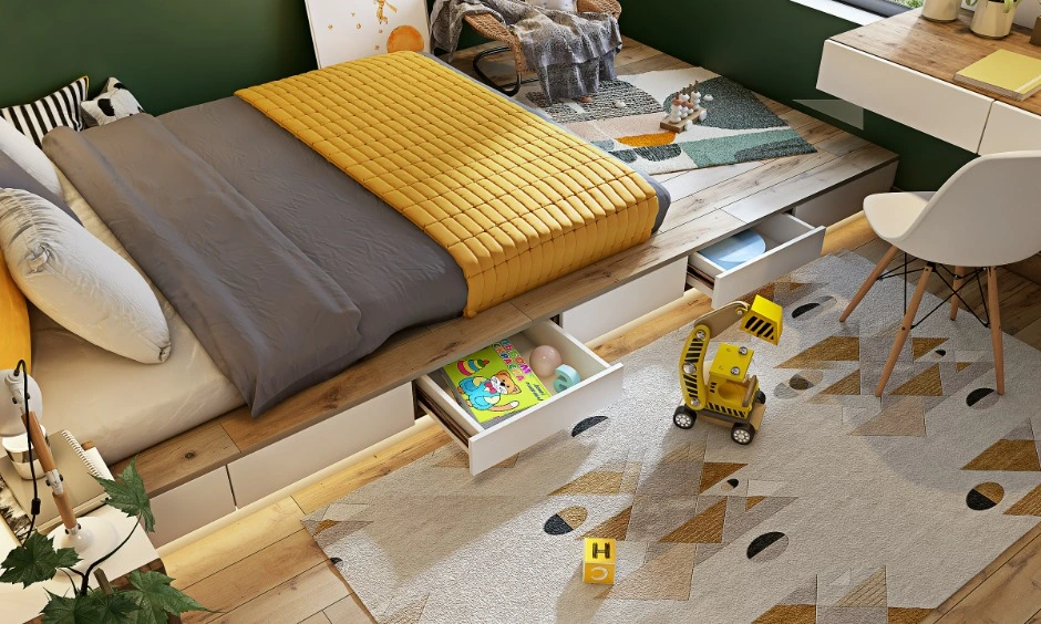 A kids' bedroom features a mustard-toned bed, warm wood finishes and organised built-in storage.