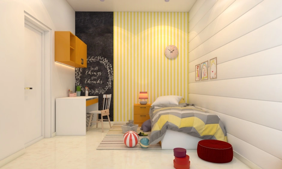 A kids' bedroom features a single bed, compact study area and built-in storage in a warm-toned setting.