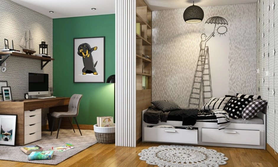 A contemporary kids' bedroom pairs a green accent wall with light furniture and open shelving.