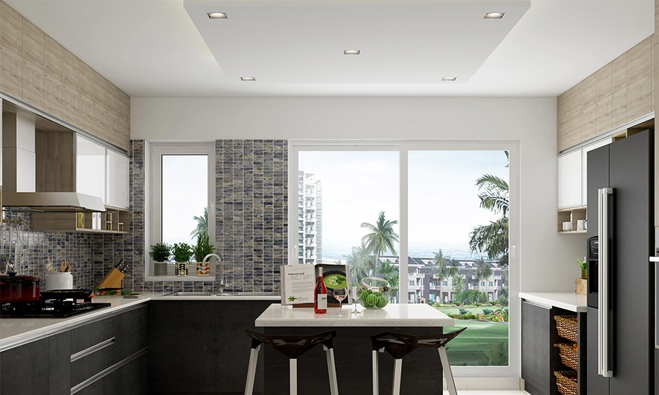 A compact kitchen uses dark laminate cabinetry with a light countertop and open shelving.
