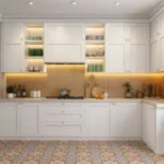 A bright white kitchen features handleless cabinets, warm wood accents and open shelving.