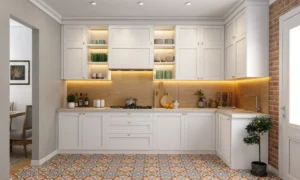 A bright white kitchen features handleless cabinets, warm wood accents and open shelving.