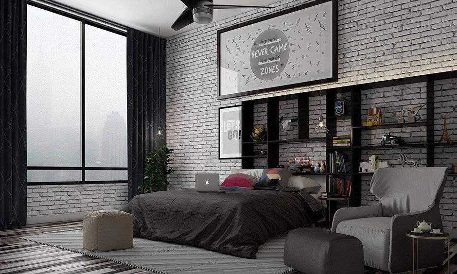 Industrial bedroom with softly painted exposed walls and an unfinished look. 