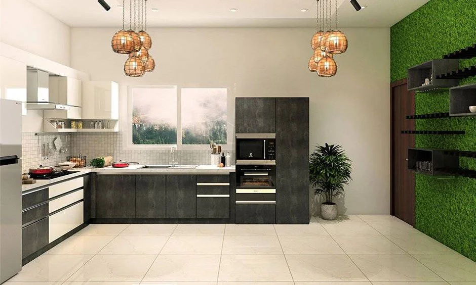 L-shaped Scandinavian kitchen with black and green accents.