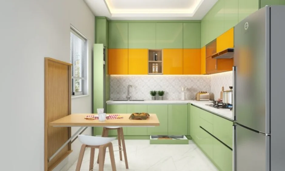 Matte laminate cabinetry is paired with seamless quartz counter surfaces in this kitchen.