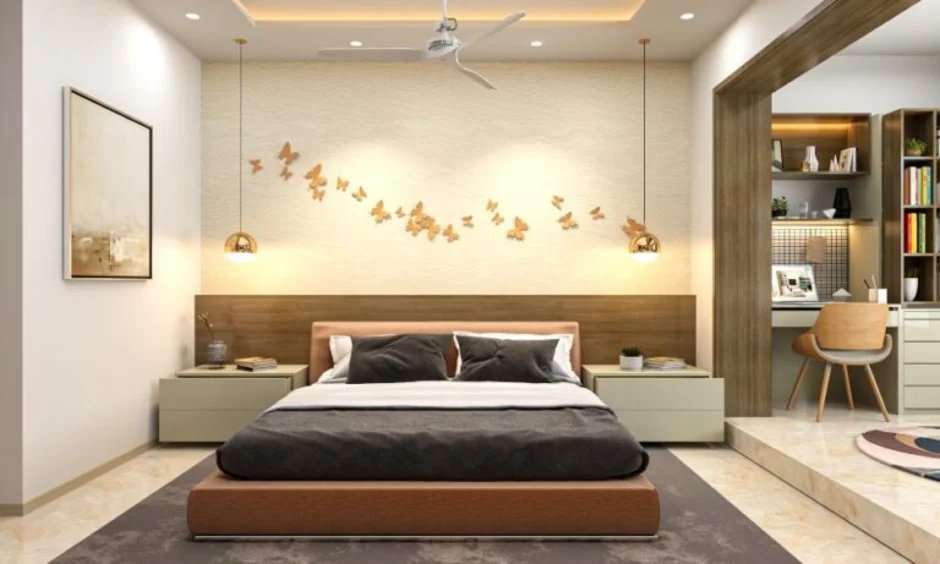 Decorative string lighting and wood panelling highlight this bedroom's headboard wall.