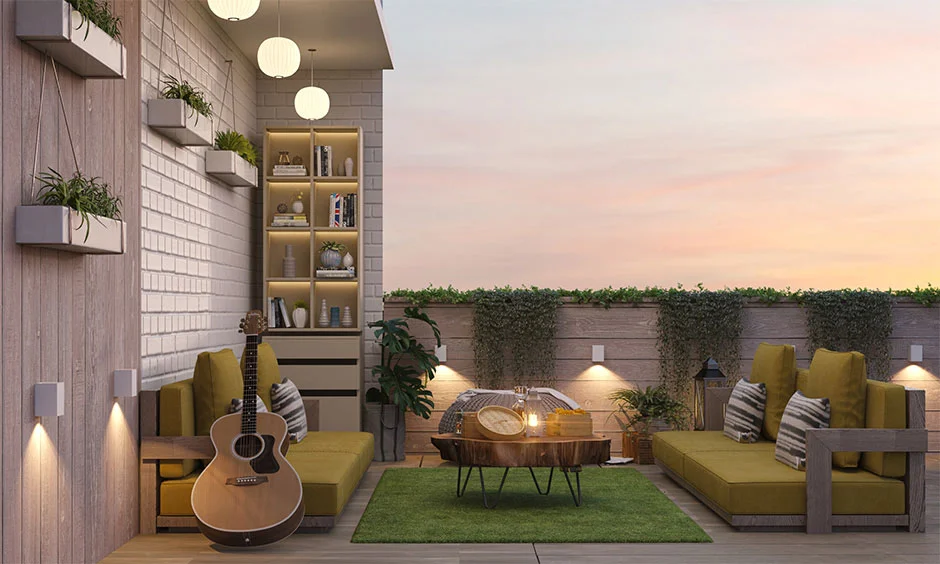A rooftop terrace with outdoor furniture and warm lighting illustrates a finished terrace setup