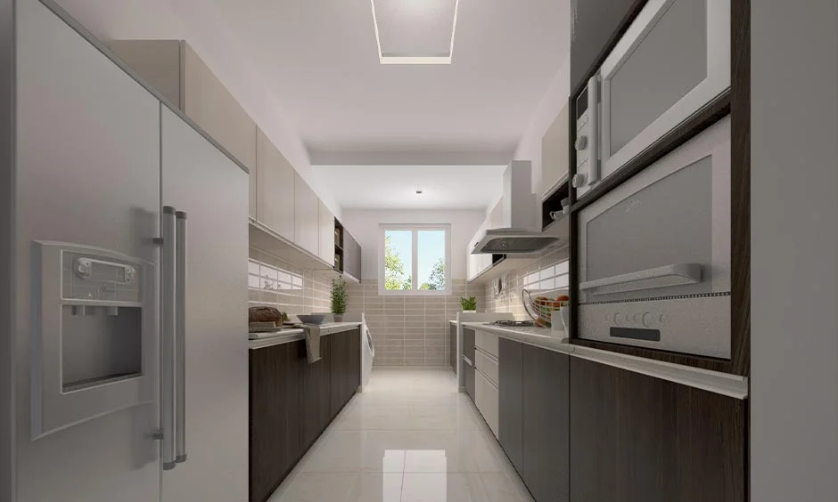 Flat dark wood-grain and cream shutters show what handleless kitchen cabinets look like in a narrow galley kitchen.