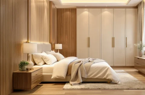 Matte finish laminate for wardrobe doors in soft beige pairs with warm wood panelling in a calm bedroom.