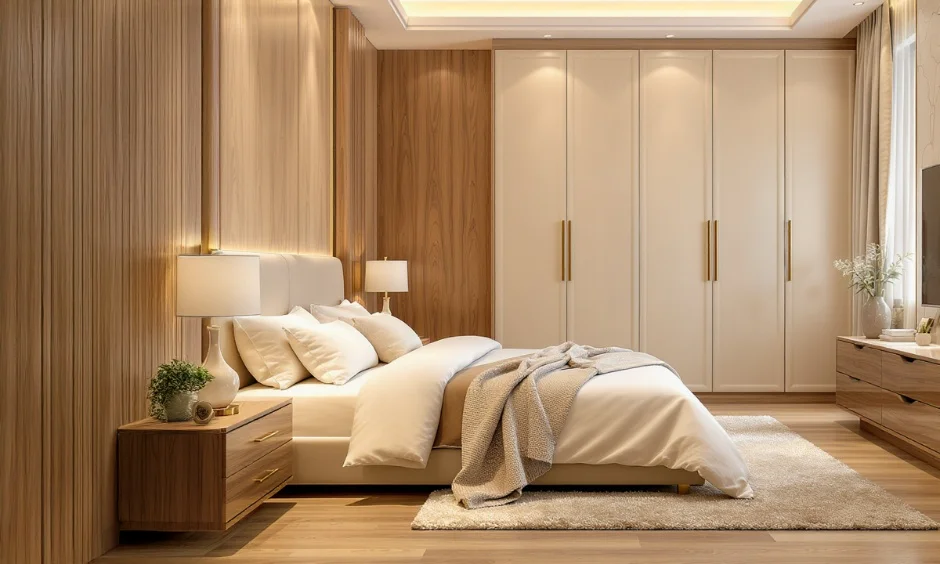 Matte finish laminate for wardrobe doors in soft beige pairs with warm wood panelling in a calm bedroom.