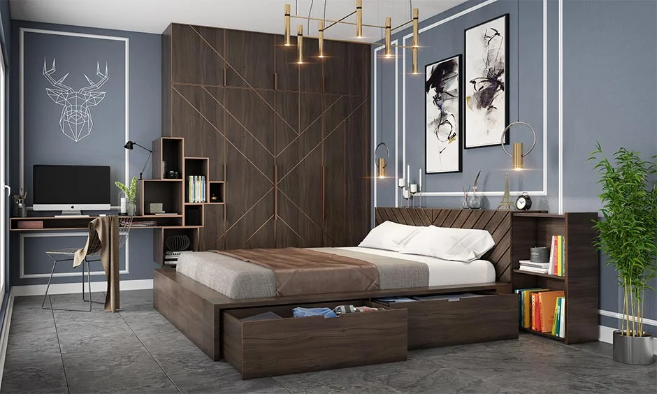 The best laminate for wardrobe shutters can be a dark woodgrain with fine geometric lines, as in this bedroom.