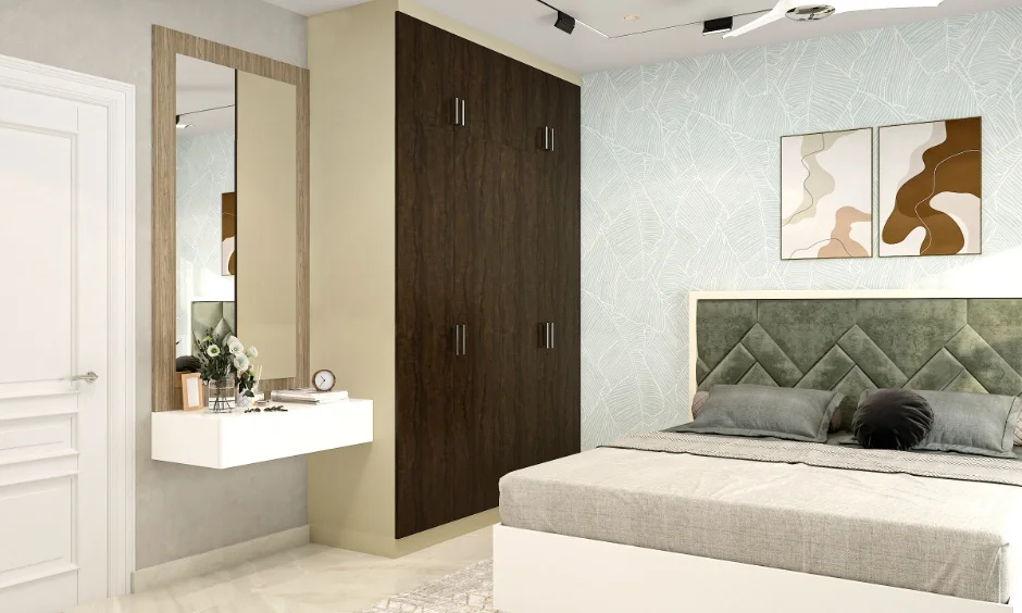 A dark woodgrain matte laminate wardrobe and floating dressing mirror suit this compact bedroom.