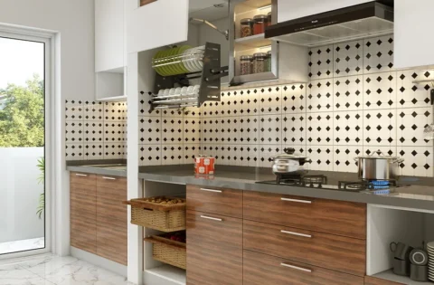 Kitchen wall cabinets with a lift-up dish rack keep plates within easy reach above the counter.