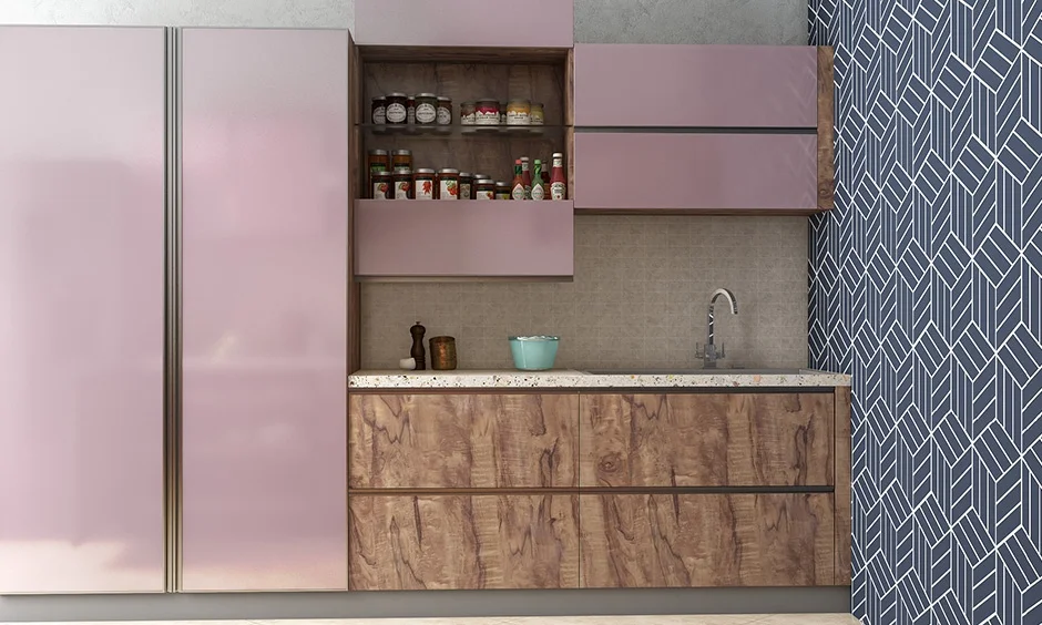 A mauve wall cabinet with a shutter folded up shows one of the four ways kitchen wall cabinets can open.